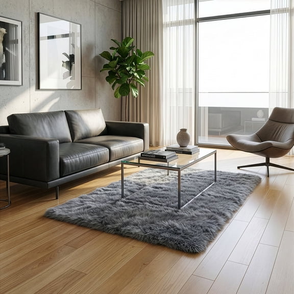 Aileen Faux Sheepskin Fur Area Rug Gray Rectangular 5x3