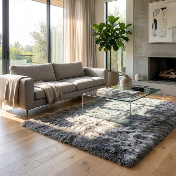 Aileen Faux Sheepskin Fur Area Rug Gray Rectangular 7x5