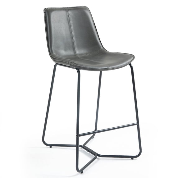 Set of 2 Aoi Brown Faux Leather Backless Counter Stool with Black Metal Legs