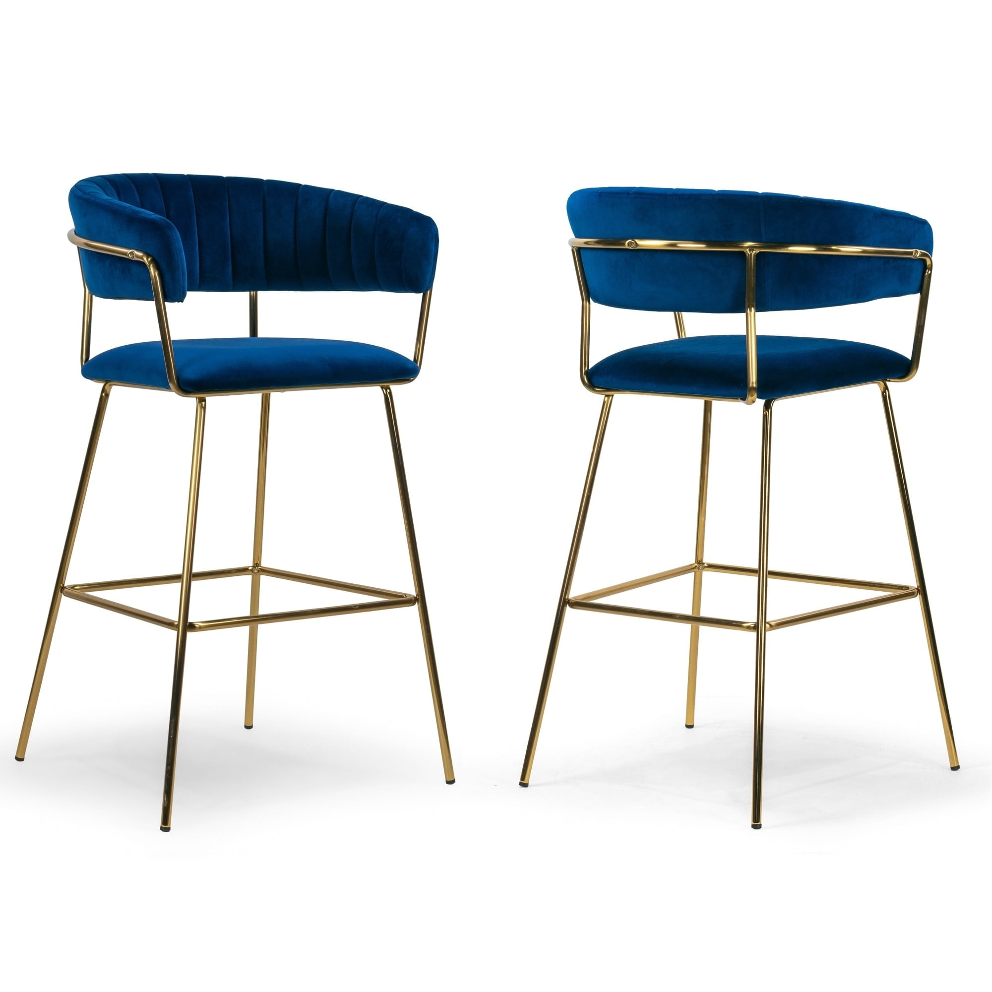 Aurora Blue Velvet 30" Bar Stool with Golden Metal Legs - Set of 2
