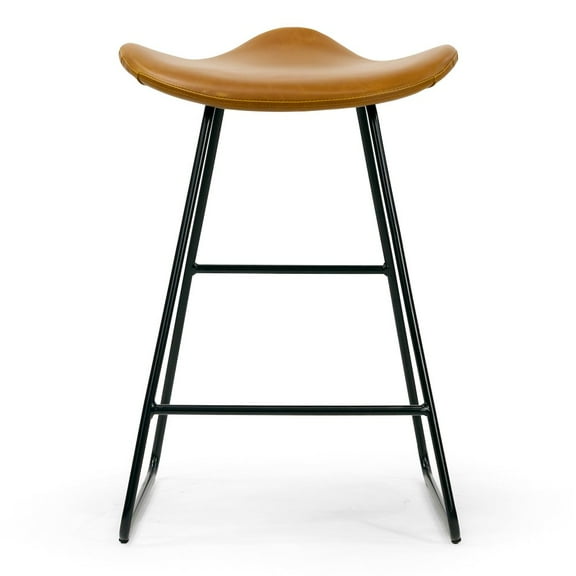 Set of 2 Aoi Brown Faux Leather Backless Counter Stool with Black Metal Legs