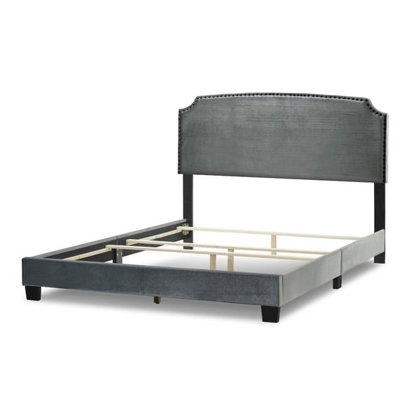 Arezo Silver Gray Velvet Queen Bed with Black Nail Head Trim