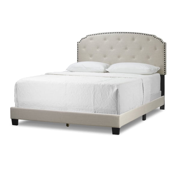 Arin Beige Fabric Queen Bed with Button Tufting and Black Nail Head Trim