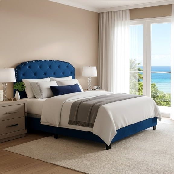 Arin Navy Blue Velvet Queen Bed with Button Tufting and Black Nail Head Trim