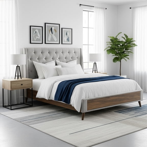 Arlo Silver Gray Velvet Queen Bed with Wings and Button Tufting