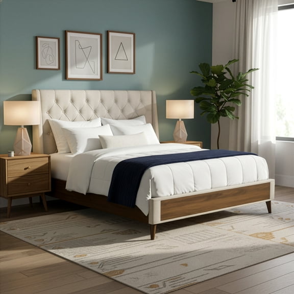 Arlo Beige Fabric Twin Bed with Wings and Button Tufting