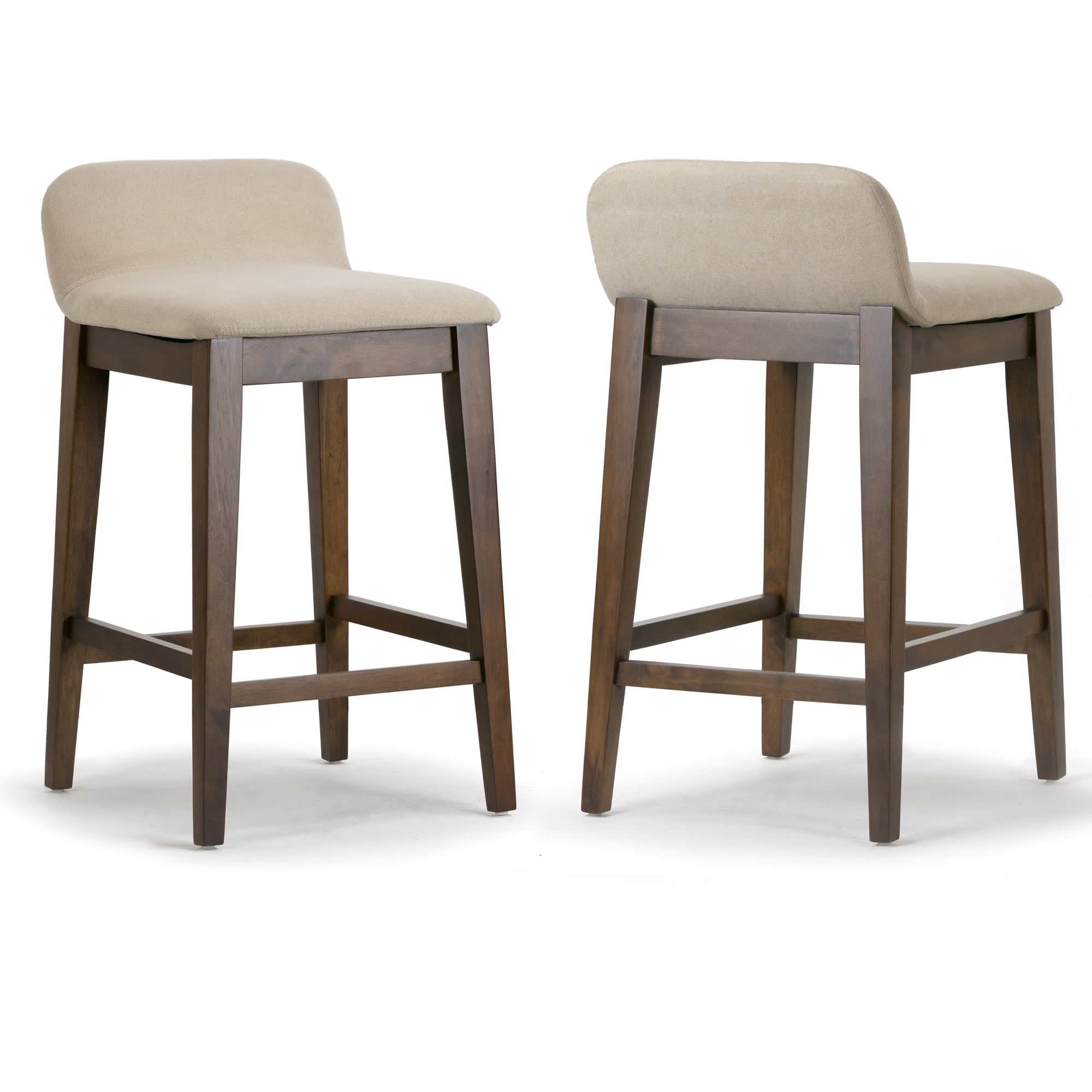 Set of 2 Dark Brown Wood Counter Stools with Beige Fabric Seats