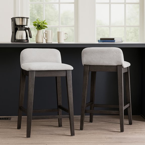 Set of 2 Atia Black Stained Rubberwood Counter Stool with Low Back Fabric Seat