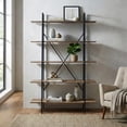 thumbnail image 1 of August 71.75 In. Leaning Etagere Light Brown Metal Frame Ladder Bookcase Five-shelf Media Tower, 1 of 6