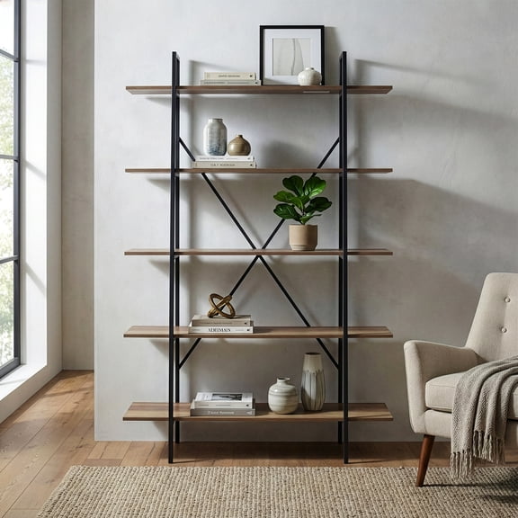August 71.75 In. Leaning Etagere Light Brown Metal Frame Ladder Bookcase Five-shelf Media Tower