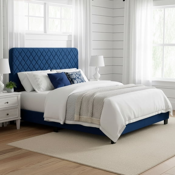 Glamour Home Aurum Modern Fabric Queen Bed with Decorative Stitching in Navy