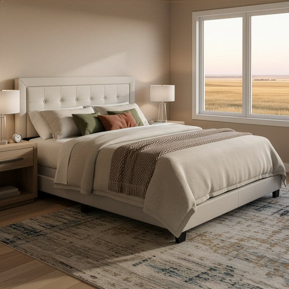 Austin Beige Fabric Queen Bed with Button Tufting and Stitching