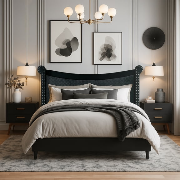 Ava Black Upholstered Queen Bed with Nail Heads