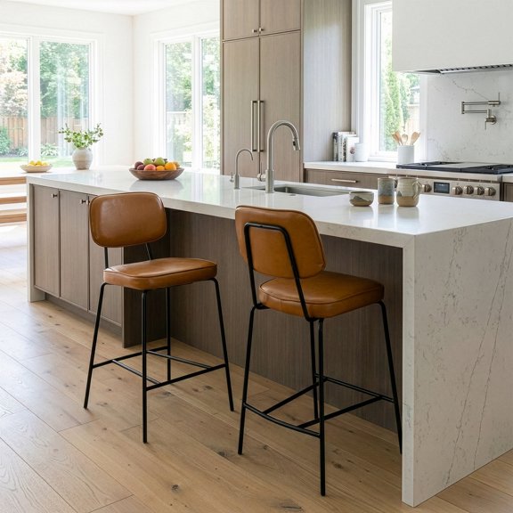 Set of 2 Avel Cappuccino Faux Leather Counter Stool with Black Metal Legs