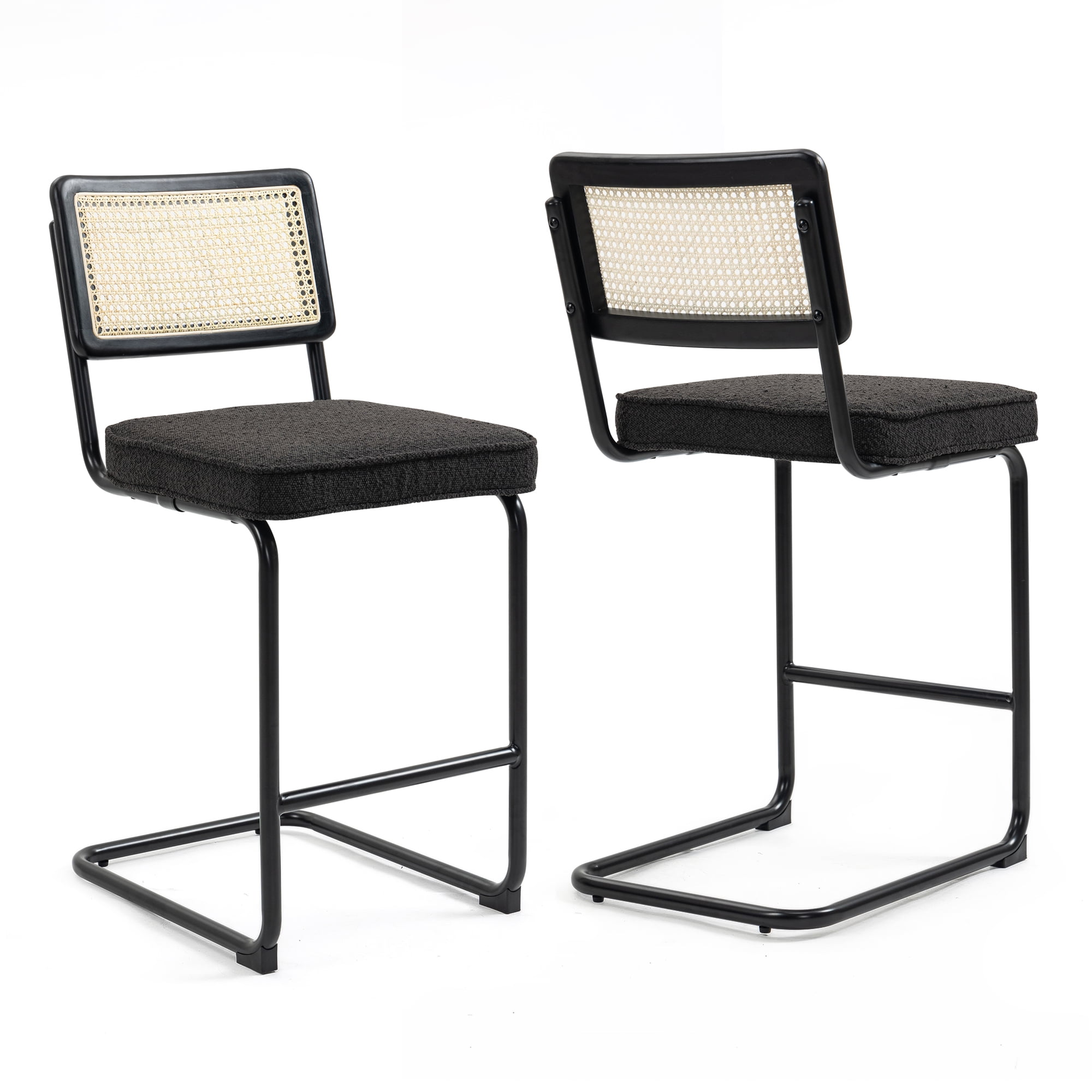 Ayers Black Boucle Fabric and Steel Counter Stool with Rattan Backrest