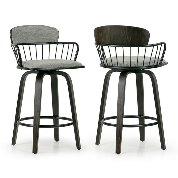 Set of 2 Baker Gray Fabric Swivel Counter Stool with Black Iron Back and Wood Legs
