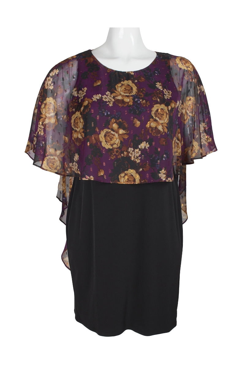 Illusion Neck Chiffon Dresses with Cap Sleeves Plum Plus Size