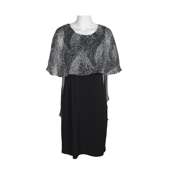 Glamour Nights Scoop Neck Animal Print Chiffon Cape Short Sleeve ITY Dress-BLACK IVORY / 14
