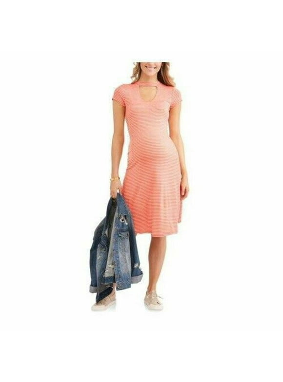Glamour Pink Swing Dress Maternity Size M Striped Coral Short Sleeve Gigi Neck Midi