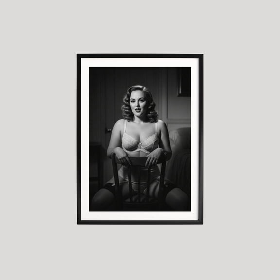 Glamour Portrait Woman Vintage Boudoir Photography Black and White Classic Pin Up Fine Retro Feminine Decor, Unframed Poster
