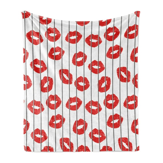 Glamour Soft Flannel Fleece Throw Blanket, Woman Lips Behind the Bars Female Love Romance Valentines Day Print, Cozy Plush for Indoor and Outdoor Use, 70" x 90", Scarlet White and Grey, by Ambesonne