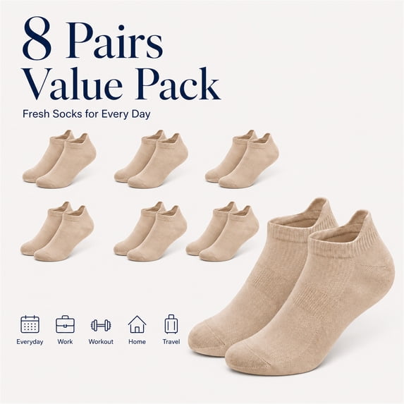 GlamourGarden Women's Breathable Cotton No Show Sport Socks, Khaki (8 Pack)