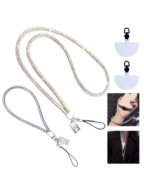 2 Pack Rhinestone Phone Lanyard for Women, Crystal Neckband & Bracelet Set with Metal Clasp, Neckband style 18.5in - Bracelet style 7.48in, for ID Card Keys Phone