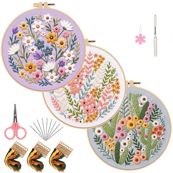 GlamourGaze 3 pack Embroidery Kit for Beginners Adults DIY Cross Stitch Kit Hand Embroidery Starter Needlepoint Kit with Step by Step Instructions