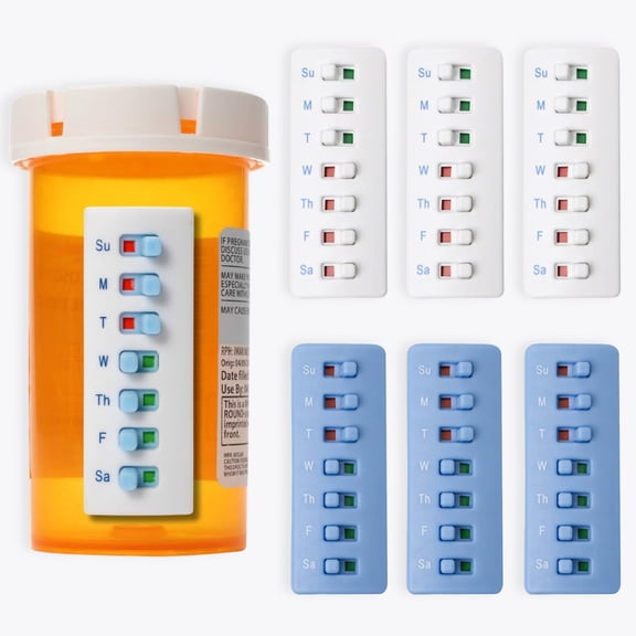GlamourGaze 6 Pack Pill Reminder Tracker for Medication Bottles, Reusable Adhesive Sticker, Easy to Read Day Labels for Weekly Medicine Organizer Replacement, for Home or Travel, White Blue