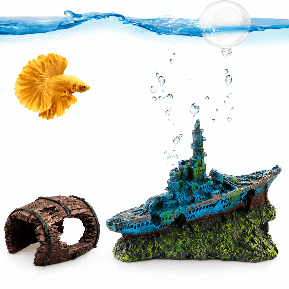 GlamourGaze Sunken Ship Aquarium Decoration with 2 InchBroken Sailor Bucket 9 Inch Resin Shipwreck Ornament for Fish Tank Betta Freshwater Saltwater