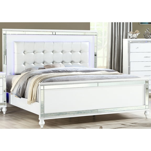 Glamourous Queen Bed With White Upholstery, Crystal Tufting And Led Headboard In Modern Style Size Upholstery