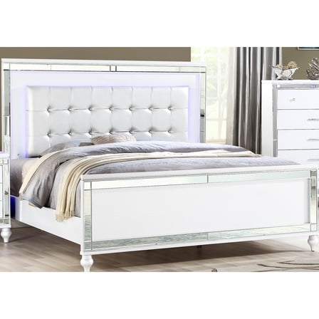 Glamourous Queen Size Bed With White Upholstery, Led Headboard And Crystal Tufting Headboard, Upholstery In Modern Design