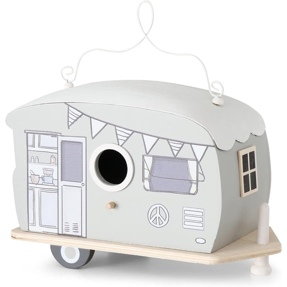 Glamper Van Birdhouse, Pale Grey, Retro Cruiser Design, MDF Wood, White Iron Hanger, Peace Sign, Windows, Cleaning Door, 10.25 L x 5 W x 9.5 H Inches