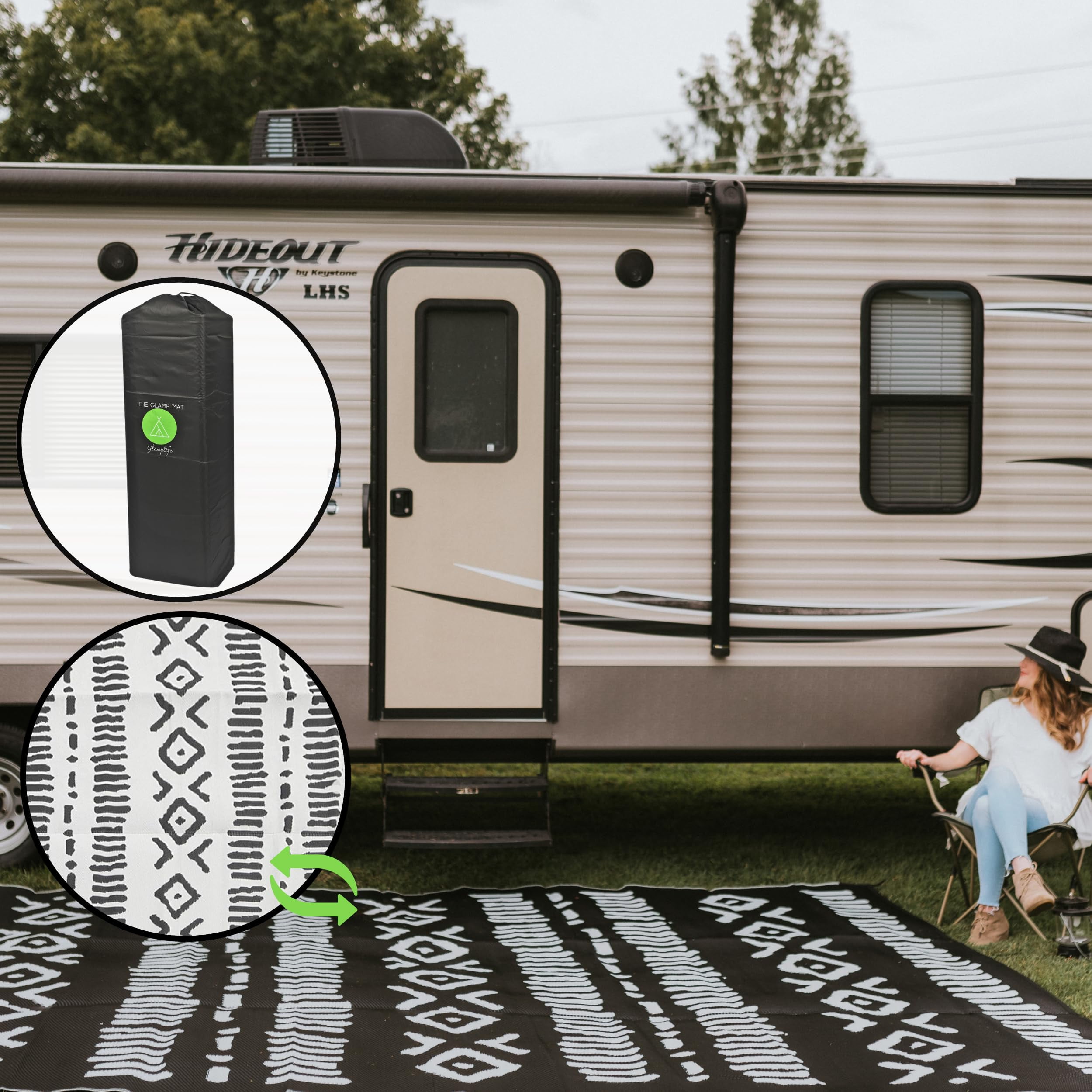 Glamplife Reversible RV Rug Large Outdoor Recycled Mat 9x12 Tribal