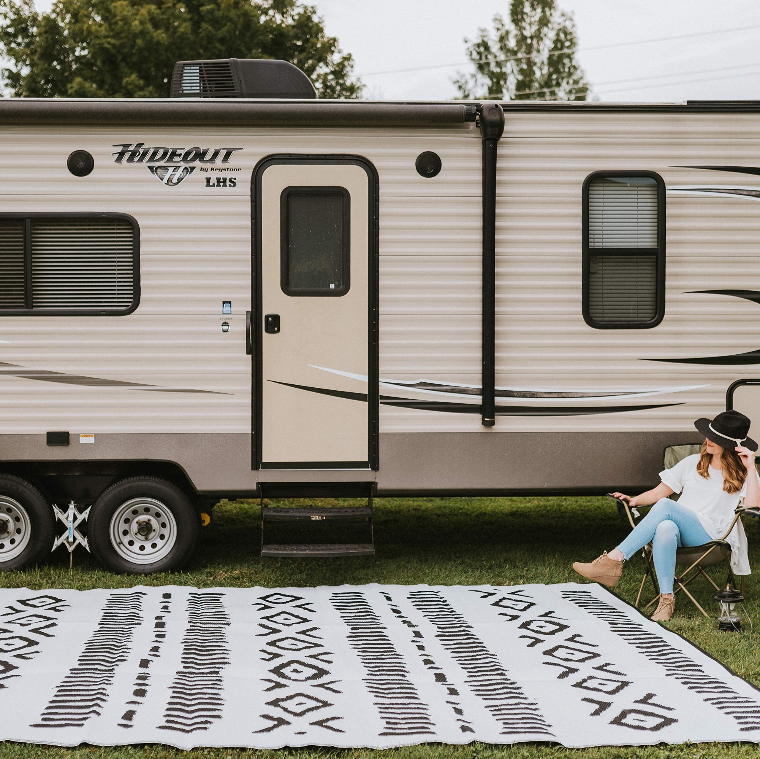 Glamplife Recycled Reversible Rv Rug Camping Rugs For Outside Your Mat 9x12 Black And White Tribal Large Outdoor Patios Or Awnings Waterproof