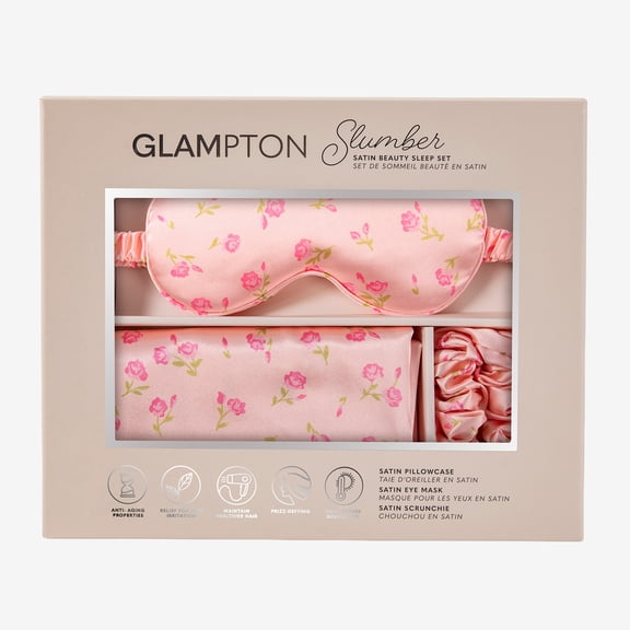 Glampton Slumber Satin Beauty Sleep Set, Floral, 3-Piece Set with Pillowcase, Eye Mask, and Scrunchie