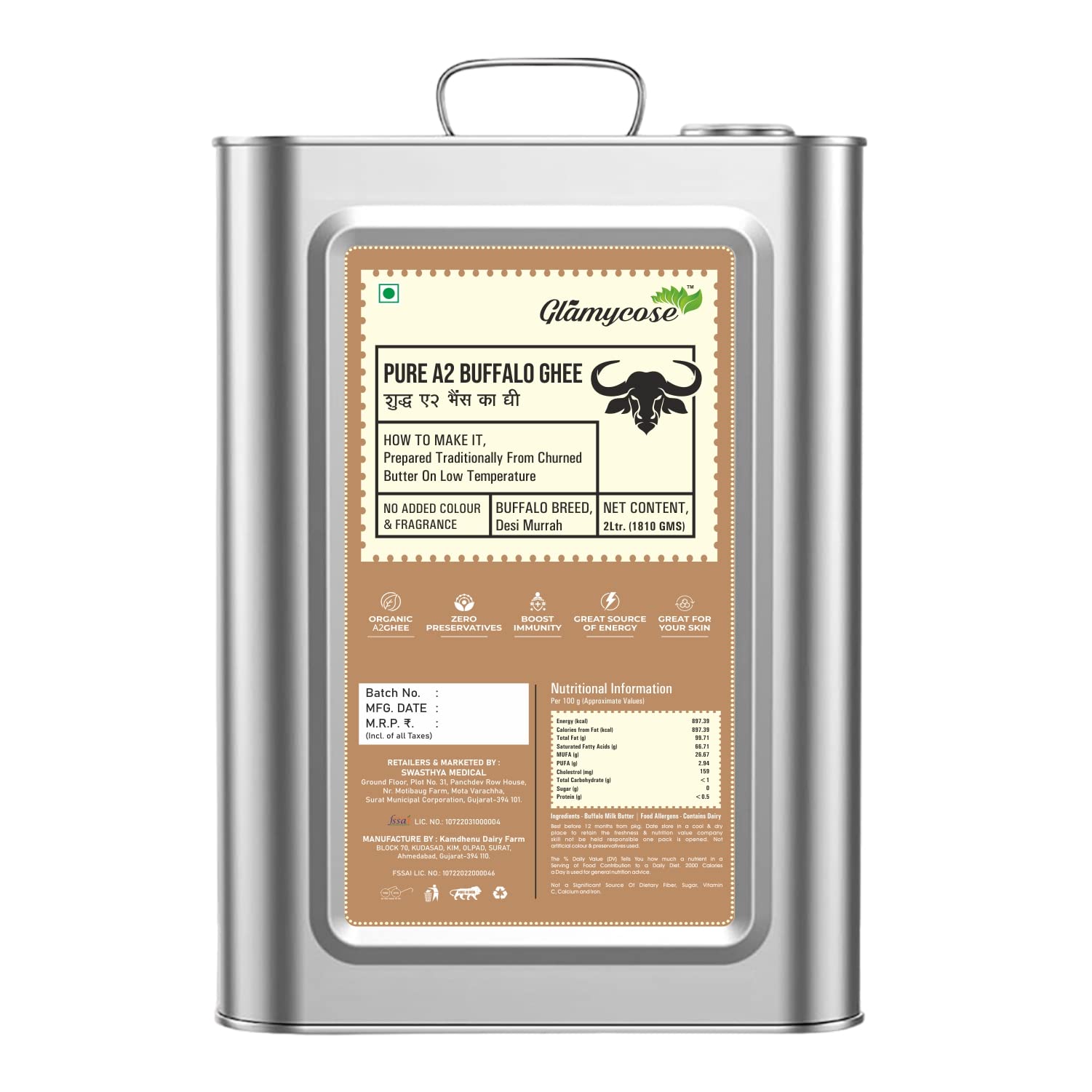 Glamycose Buffalo Desi A2 Ghee Organic Natural Buffalo Ghee Churned