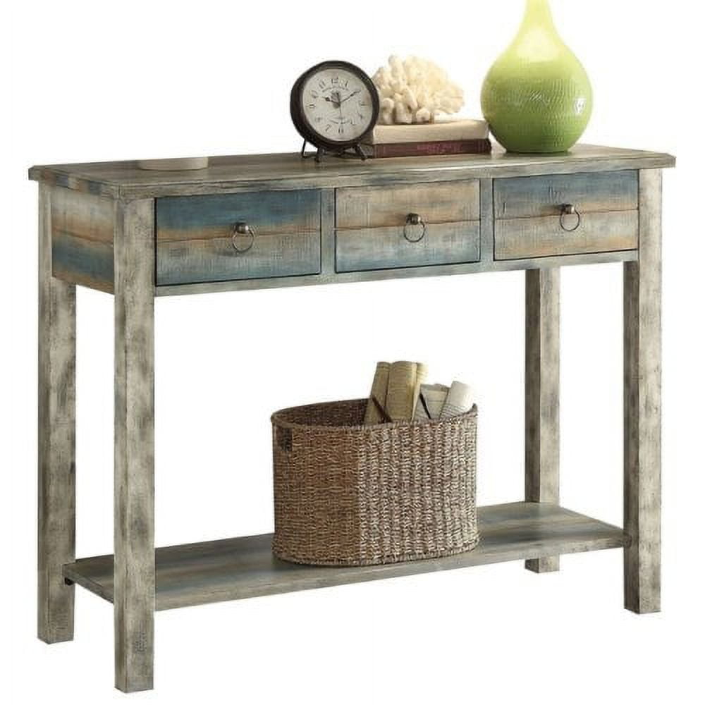 Antique White and Teal Wood Console Table with Storage