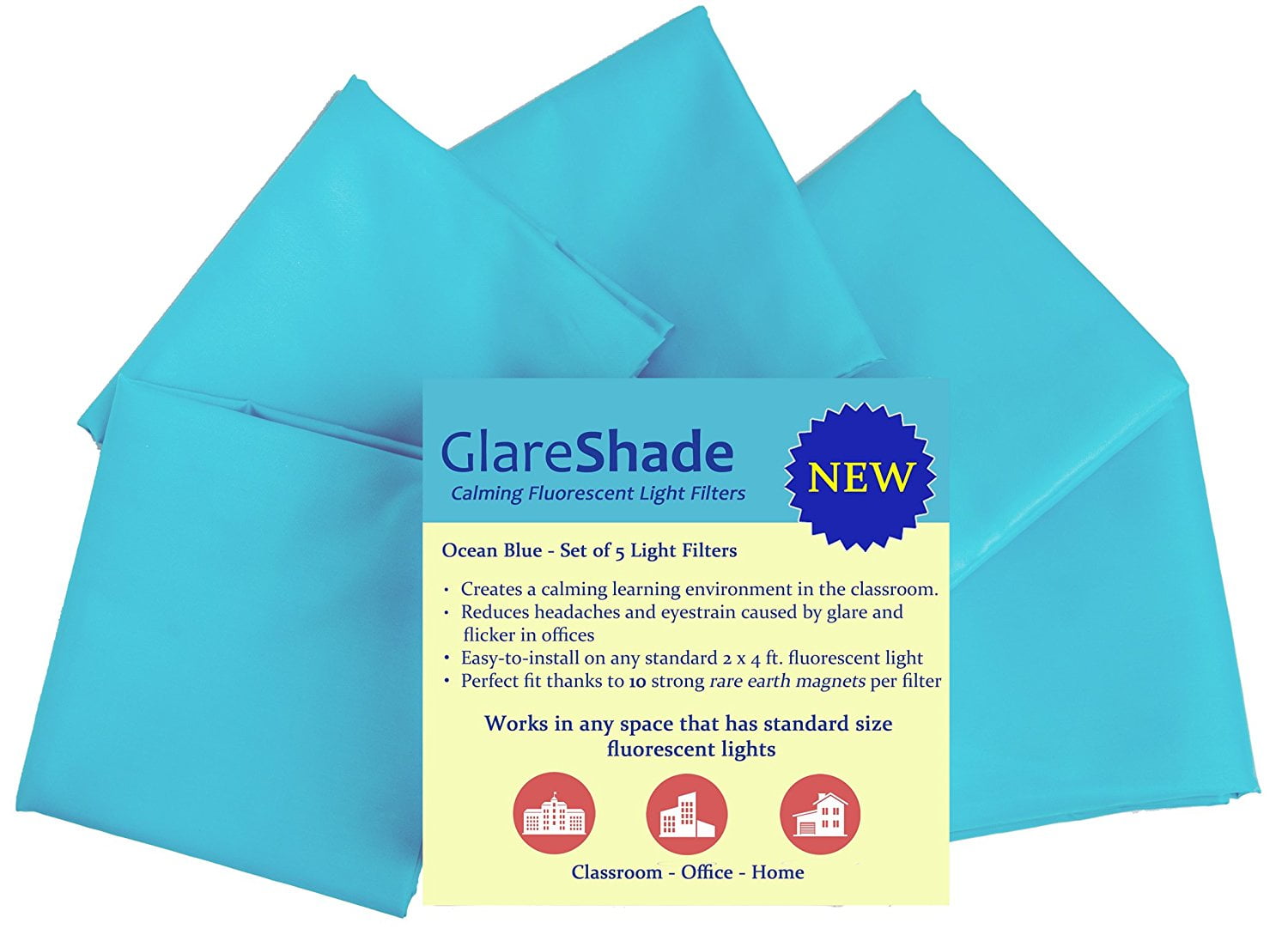 GlareShade Fluorescent Light Filter Covers (5 pack). Eliminate the Harsh Glare that causes Eyestrain and Headaches at Work and School while Improving Focus and Classroom