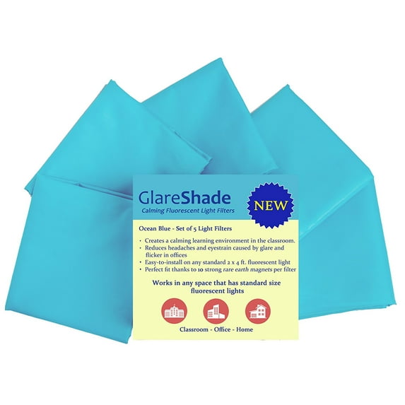 GlareShade Fluorescent Light Filter Covers (5 pack). Eliminate the Harsh Glare that causes Eyestrain and Headaches at Work and School while Improving Focus and Classroom