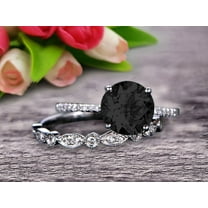 Glaring Staggering Ring 2 Carat Black Diamond Moissanite Engagement Ring Solid 10k White Gold 6mm Round Cut Gemstone Promise Ring Bridal Ring Set