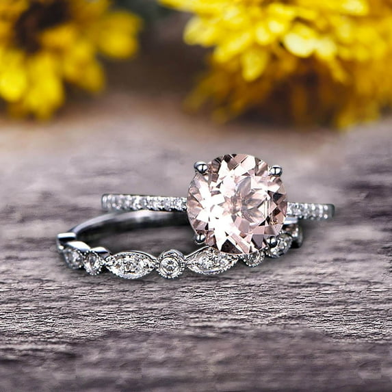 Glaring Staggering Ring 2 Carat Morganite Engagement Ring Solid 10k Rose Gold 6mm Round Cut Gemstone Promise Ring Bridal Ring Set
