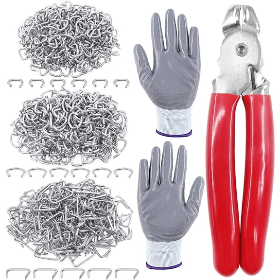 Glarks 902Pcs Hog Ring Pliers with Hog Rings Kit, 900Pcs 1/2'' 3/4'' 3/8'' Steel Hog Rings with Hog Ring Pliers and Anti-Cutting Gloves for Upholstery, Fencing, DIY Craft, Furniture and more