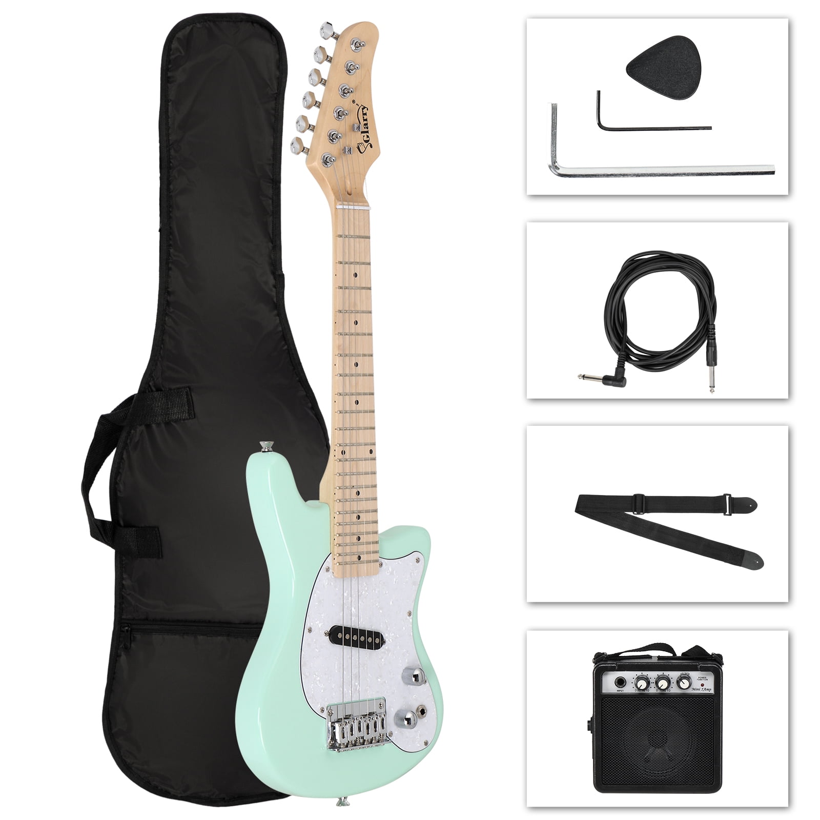 Glarry 30in Kids Electric Guitar Kit Beginner with 5W Amp, Bag, Strap, Plectrum Cord, Wrench Tool, Green