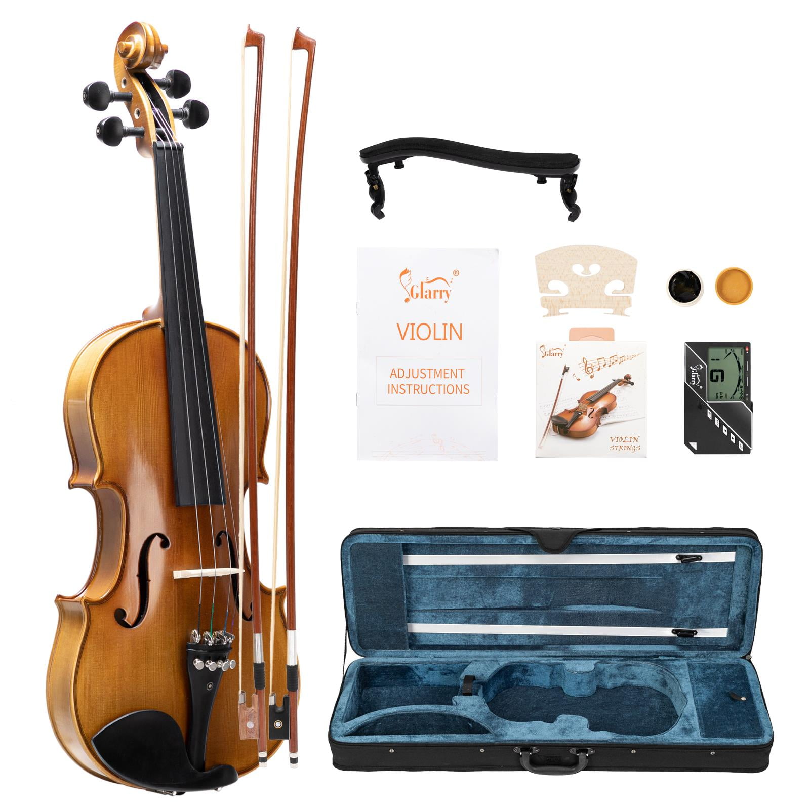 Glarry 4/4 Acoustic Violin Kit w/Square Case, 2 Bows, Extra Strings and Bridge, Matt Natural
