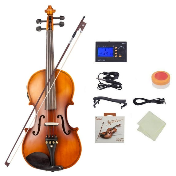 Glarry 4/4 Solid Wood EQ Violin Case Bow Violin Strings Shoulder Rest Electronic Tuner Connecting Wire Cloth Matte