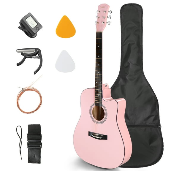 Glarry 41in Beginner Cutaway Acoustic Guitar Starter Kit with Bag, Tuner, Extra Strings, Pink
