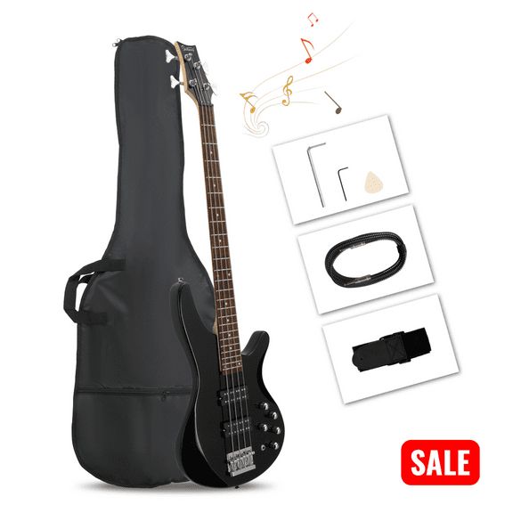 Glarry 44 Inch 4 Strings GIB Electric Bass Guitar with H-H Pickup and Laurel Wood Fingerboard, Electric Bass Guitar with Bag and Strap, Connecting Wire, Spanner Tool and Plectrum, Black