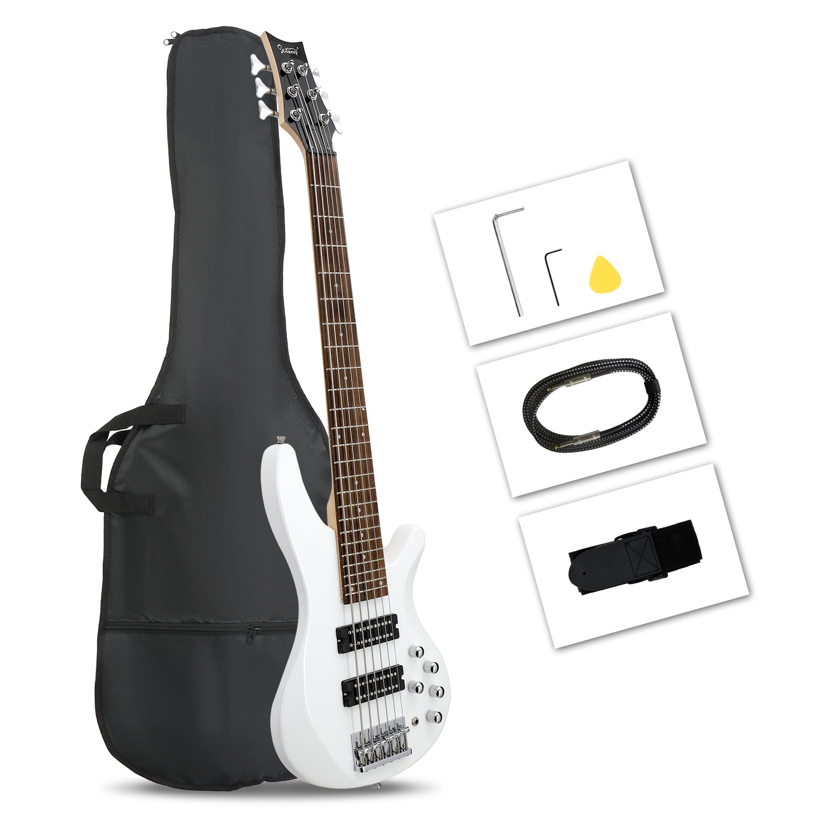 Glarry 44 Inch GIB Electric Bass Guitar 6 String, H-H Pickup, Laurel Wood Fingerboard with Bag, White