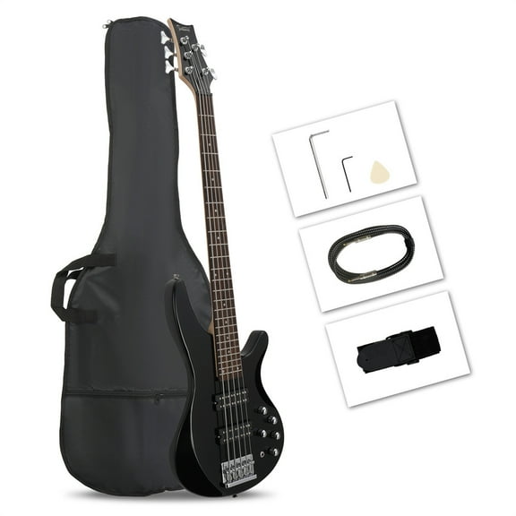 Glarry 5 Strings H-H Pickup Electric Bass Guitar with Bag and Strap for Beginner, 44" Electric Bass Guitar with Laurel Wood Fingerboard, Spanner Tool and Plectrum, Black